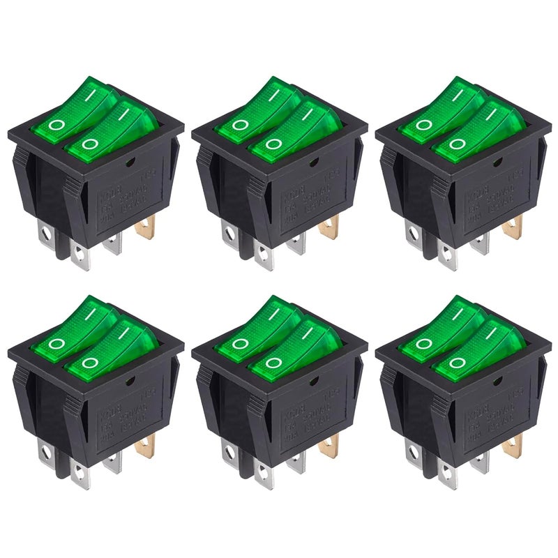 VEXUNGA 6pcs Mini Rocker Switch On Off Green Light Double Rocker Switch Boat 20A 125V AC 15A 250V 6 Pin 2 Position Lighted Illuminated SPST Snap Dual Switches for Car Marine - Image 1